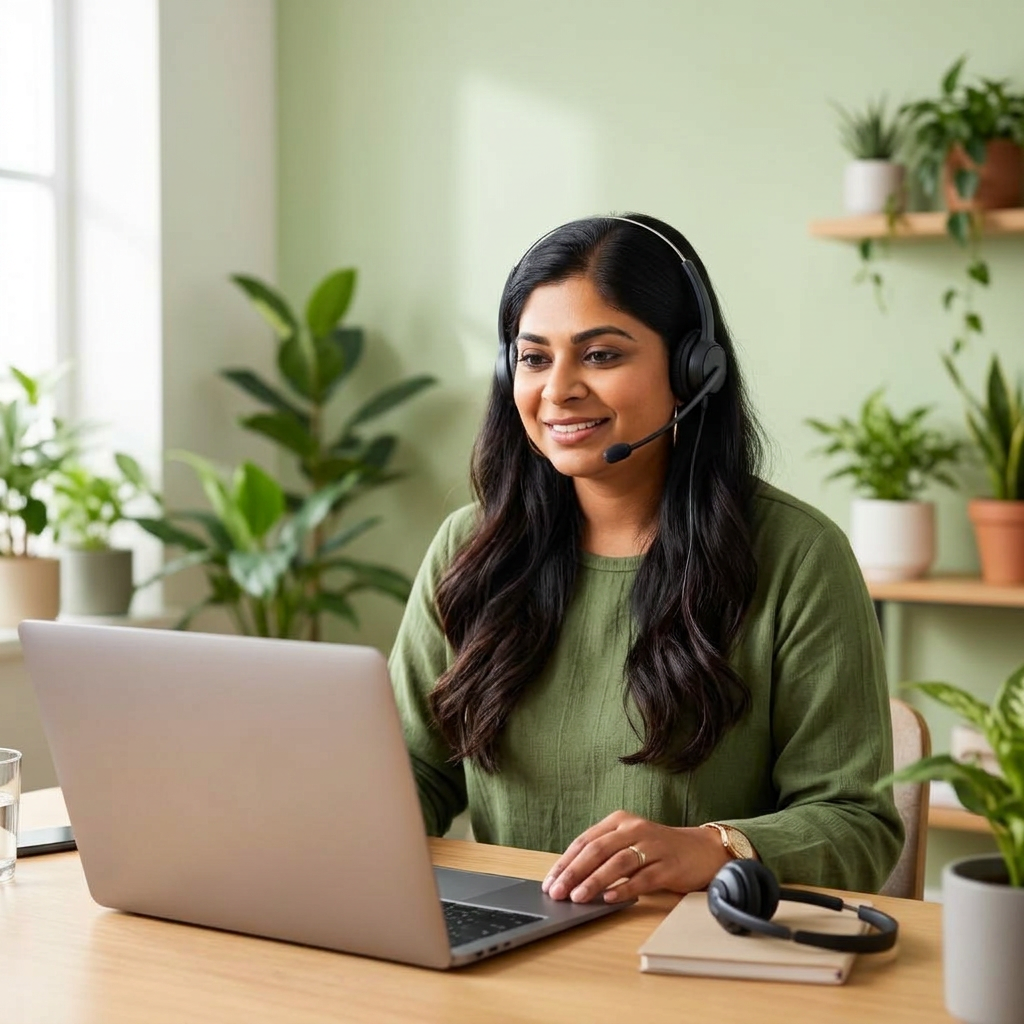 A Clovely relationship coach helping remotely from her computer